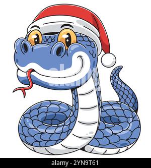 Serpent bleu dessin animé festif portant un chapeau de Père Noël Illustration de Vecteur