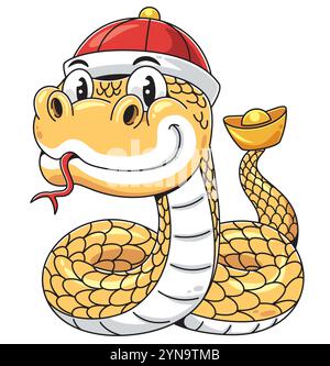 Serpent doré de dessin animé souriant avec chapeau chinois et Ingot doré Illustration de Vecteur