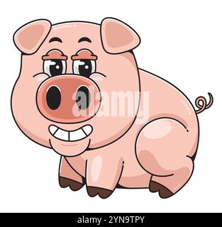 Cute Cartoon Pig assis et souriant Illustration de Vecteur
