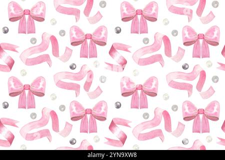 Un noeud en satin, ruban, perles aquarelle motif rose sans couture isolé sur blanc. Éléments de conception dessinés à la main parfaits pour le papier d'emballage, le textile Banque D'Images