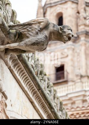 Vue détaillée d'une gargouille perchée sur un bâtiment historique de Salamanque, reflétant le riche patrimoine de la ville. Banque D'Images