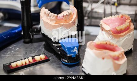 Un ensemble de fausses dents sont affichées sur une table. Les dents sont blanches et roses, et elles sont disposées en rangée. La table est en métal, et il y a un Banque D'Images