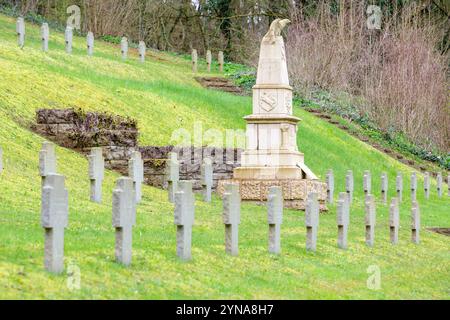France, Meurthe et Moselle, cimetière militaire allemand de la première guerre mondiale où se trouvaient 1368 soldats, en arrière-plan le mémorial de guerre Banque D'Images