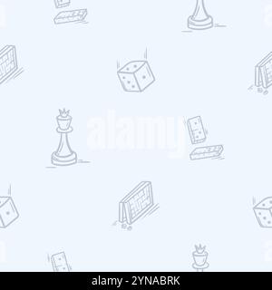 Un motif simple en noir et blanc avec un échiquier, une reine, des dominos et des dés. Fond vectoriel dessiné à la main Illustration de Vecteur