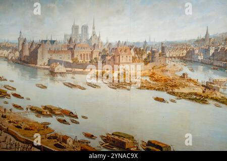 France, Paris, notre Dame de Paris, la crypte archéologique, vue panoramique de Paris en 1588 Banque D'Images