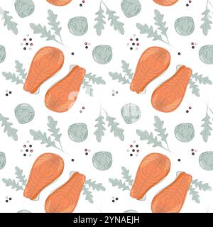 Steaks de saumon, têtes de choux de bruxelles, feuilles de roquette et mélange de poivre sans couture. Alimentation saine. Illustration vectorielle isolée texture de fond de journée de saine alimentation, promo Web ou cartes, étiquettes, étiquettes Illustration de Vecteur