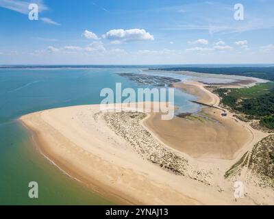 France, Charente-maritime, presqu'île d'Arvert, la Tremblade, détroit de Maumusson de Pertuis, la pointe du Galon d'Or avec des bancs d'huîtres en arrière-plan de l'anse de Galon d'Or (vue aérienne) Banque D'Images