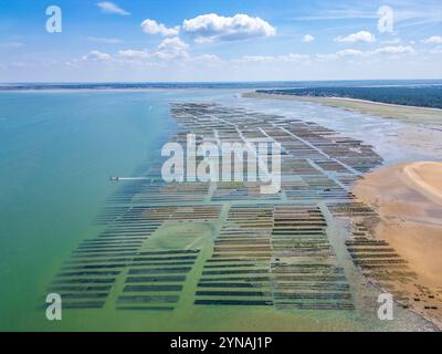 France, Charente-maritime, presqu'île d'Arvert, la Tremblade, détroit du Pertuis de Maumusson, pointe du Galon d'Or, au fond des bancs d'huîtres de l'anse de Galon d'Or (vue aérienne) Banque D'Images