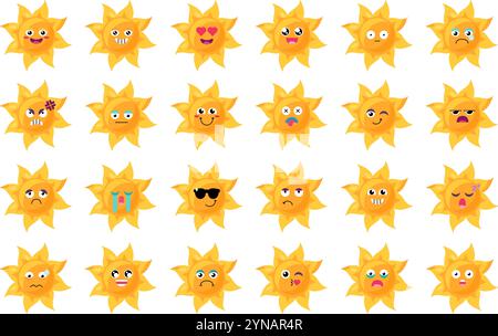 Expressions faciales et humeurs du soleil jaune Emoji. Élément de conception pour les prévisions météorologiques des enfants. Jeu d'icônes drôles pour enfants. Éléments vectoriels de dessin animé simples ki Illustration de Vecteur