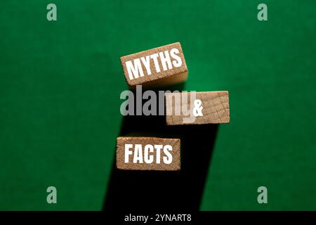 Mythes et faits message écrit sur des blocs de bois avec fond vert. Symbole des mythes conceptuels et des faits. Copier l'espace. Banque D'Images