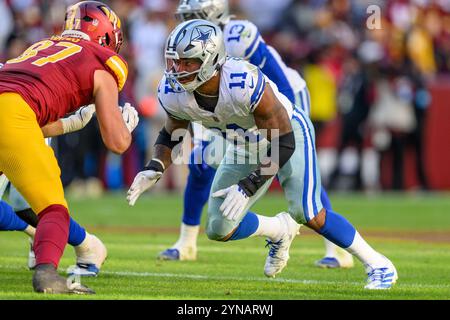 Landover, MD, États-Unis. 24 novembre 2024. Le linebacker des Dallas Cowboys Micah Parsons (11 ans) en action lors du match NFL entre les Dallas Cowboys et les Washington Commanders à Landover, Maryland. Reggie Hildred/CSM/Alamy Live News Banque D'Images