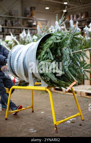 Machine à filet d'arbre de Noël - tunnel pour emballer un arbre de Noël dans un filet Banque D'Images