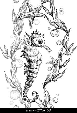 Hippocampe, algues bleues de mer avec des feuilles se tordant en vague avec des bulles et des étoiles de mer de corail. Illustration graphique dessinée à la main dans le monde sous-marin à l'encre noire Illustration de Vecteur