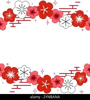 Cadre de bordure sans couture fait avec des fleurs roses et rouges sur fond transparent blanc. Graphique vectoriel Plum Blossom est un symbole pour le printemps. Décoration florale Illustration de Vecteur