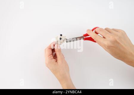 utiliser une paire de ciseaux à manche rouge pour couper. Une activité d'artisanat ou de bricolage, faisant partie d'un projet plus vaste, faire de l'artisanat de lézard pour les enfants Banque D'Images