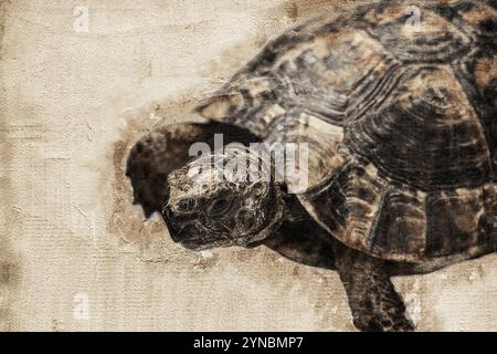 Image numériquement rehaussée d'une tortue grecque hospitalisée (Testudo graeca) سلحفاة مهمازية الورك après avoir eu son pied accroché dans un fil de fer Banque D'Images