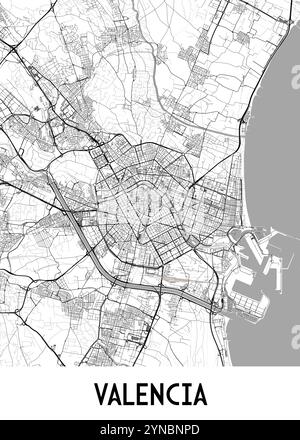 Une carte détaillée en noir et blanc de Valence, en Espagne, montrant le réseau de rues complexe de la ville et ses environs. Illustration de Vecteur