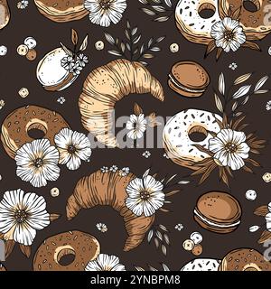 Vecteur de motif sans couture de croissant de beignet de pâtisserie sucrée Illustration de Vecteur