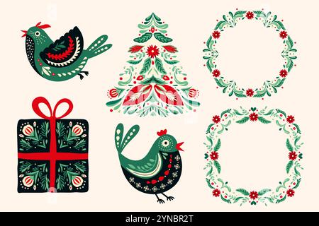 Illustration folklorique de vacances de Noël avec vecteur de collection de cadre de cadeau d'arbre de couronne d'oiseaux Illustration de Vecteur