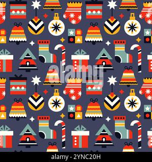 Gant de vecteur de Noël, cloche, cadeau décorations géométriques sans couture motif vacances mignonnes Illustration de Vecteur