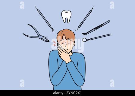 L'homme souffre de douleurs dans les dents et l'apparition de caries, se tient parmi les instruments dentaires. Un gars malade attrape le visage en raison de douleurs dentaires et a besoin de visiter une clinique dentaire avec des médecins professionnels Illustration de Vecteur