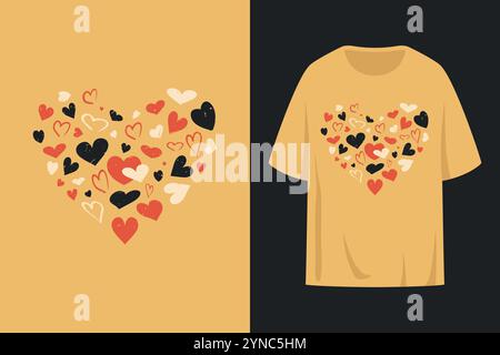 T-shirt imprimé design avec forme de coeur faite de différents coeurs. Les symboles coeurs sont imprimés avec une texture grunge Illustration de Vecteur