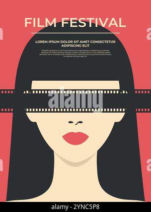 Affiche du festival de film avec le visage de la femme avec film strip couvrant ses yeux. Concept de cinéma de film dans un style rétro. Illustration vectorielle Illustration de Vecteur