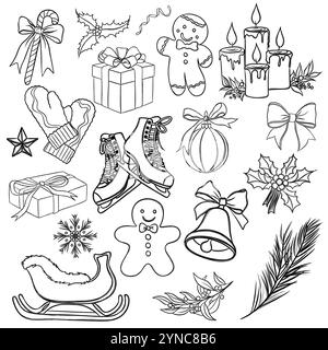 Autocollants du nouvel an de Noël dans le style de bande dessinée. Jeu d'autocollants de Noël des fêtes dessinés à la main Banque D'Images