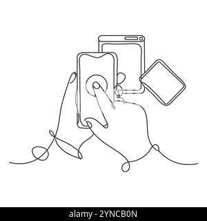 Un dessin en ligne continue de mains gestuelles tenant et touchant l'écran du smartphone pour terminer la transaction sur la boutique en ligne. Smartphone mobile Illustration de Vecteur