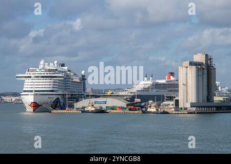 Les paquebots de croisière océaniques ou passagers à côté dans le port de Southampton ou Southampton docks UK, ports britanniques associés Southampton, Dock Head silos. Banque D'Images