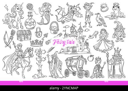 Personnages de contes de fées et châteaux de légendes pour les livres pour enfants et histoires de fantaisie. Fond de conte de fées avec sirène et dragon ou famille royale et licorne de mythes pour les enfants. Dessiné à la main. Illustration de Vecteur