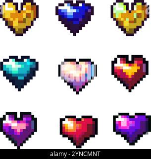 Colorés coeurs pixel rétro rétro 8 bits jeu arcade amour Valentines Day Set Illustration de Vecteur