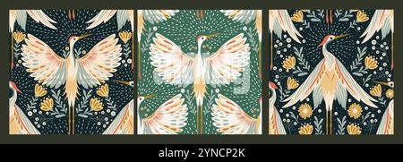 Ensemble de motifs magiques vectoriels sans couture avec des oiseaux de grue, des ailes magiques art déco animaux oiseau détaillé Illustration de Vecteur