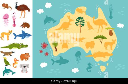 Modèle de jeu pour enfants. Trouvez la silhouette d'animal qui vous convient. Carte de l'Australie avec monde océanique. Animaux de dessins animés australiens, koala crocodile kangourou, vecteur Illustration de Vecteur