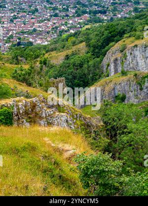 Vue sur les falaises de calcaire du carbonifère à Cheddar gorge une attraction touristique dans les collines de Mendip dans le Somerset sud-ouest de l'Angleterre Royaume-Uni Banque D'Images