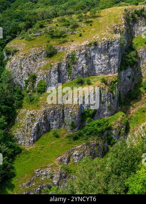 Vue sur les falaises de calcaire du carbonifère à Cheddar gorge une attraction touristique dans les collines de Mendip dans le Somerset sud-ouest de l'Angleterre Royaume-Uni Banque D'Images