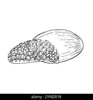 Fruits de mangue et moitié avec cubes illustration vectorielle peinte par des encres noires. Fruit juteux aromatique monochrome dessiné à la main à plat. Composition florale Illustration de Vecteur