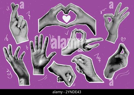 Langue des signes en demi-teinte. Les signes à la main découpent le collage arrière des années 90 design de magazine vintage, mains réalistes geste doigt point grunge punk style art d'affiche, définir l'illustration vectorielle exacte illustration originale Illustration de Vecteur