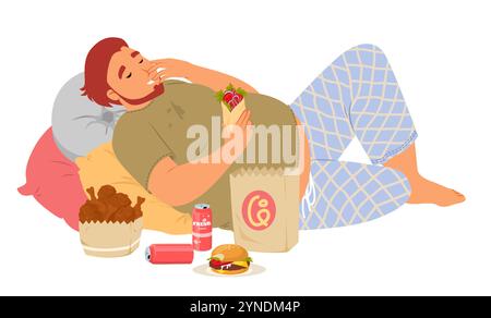 Personnage d'homme paresseux en surpoids mangeant de la jonque fast food couché sur des oreillers Illustration de Vecteur