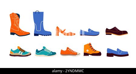 Ensemble d'illustrations de chaussures. Bottes, chaussures de sport, baskets, mocassins, chaussures de cow-boy. Conception vectorielle Illustration de Vecteur