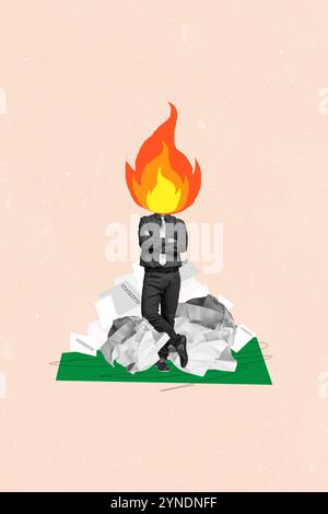 Collage de photos vertical de Guy anonym au lieu de la tête de feu de flamme surtravaillé date limite de pile de papier de données limite isolée sur fond peint Banque D'Images