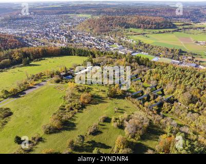 Vue panoramique d'une ville entourée de champs et de forêt automnale, cadre naturel impressionnant, haut parcours de cordes, Nagold, Forêt Noire, Allemagne, Banque D'Images