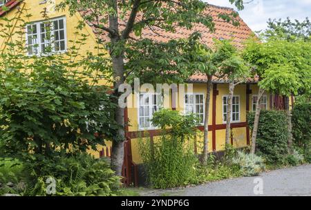 Maison jaune typique à colombages à Gudhjem, Bornholm, mer Baltique, Danemark, Scandinavie, Europe Banque D'Images