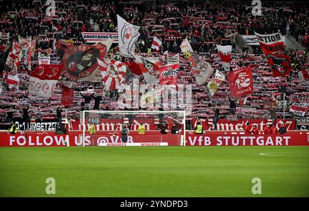 Cannstatter Kurve, VfB Stuttgart, bloc ventilateur, ventilateurs, courbe ventilateur, drapeaux, drapeaux, atmosphère, atmosphérique, MHPArena, MHP Arena Stuttgart, Bade-Wuerttemberg Banque D'Images