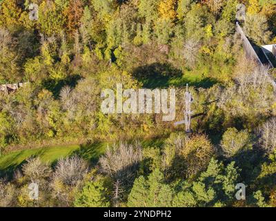 Une antenne se dresse dans une forêt aux couleurs d'automne, entourée de nature et d'arbres, haut parcours de cordes, Nagold, Forêt Noire, Allemagne, Europe Banque D'Images