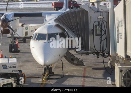 Calgary, Alberta, Canada, 3 novembre 2023. Vue de face d'un avion WestJet à l'aéroport international de Calgary avec pont aérien, Amérique du Nord Banque D'Images