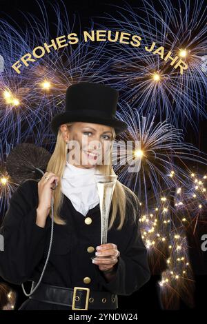 Un ramoneur féminin avec des verres à champagne devant le feu d'artifice de la Saint-Sylvestre Vienne, Autriche, Europe Banque D'Images