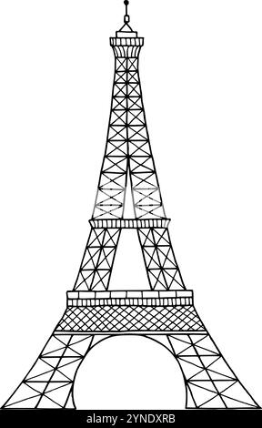 Silhouette de contour noir de vecteur Tour Eiffel illustration dessinée à la main. Symbole de Paris. Dessin vintage peint par des encres pour icône, logo ou design Illustration de Vecteur