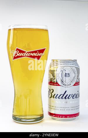 Calgary (Alberta). Canada. 25 mai 2020. Une bière Budweiser isolée pinte avec une bière canette sur la droite sur un fond blanc Banque D'Images