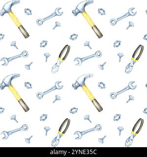 Clipart aquarelle de marteaux, clés et tournevis jaunes et noirs dans un motif sans couture. Idéal pour la papeterie, l'emballage cadeau et les arrière-plans avec un thème de construction ou mécanique Banque D'Images
